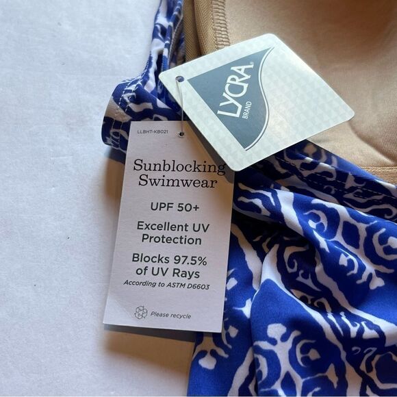 L.L. Bean Women's Sun Blocking One Piece Tank Swim Suit Blue/Wht Print 12 Long - Picture 5 of 13